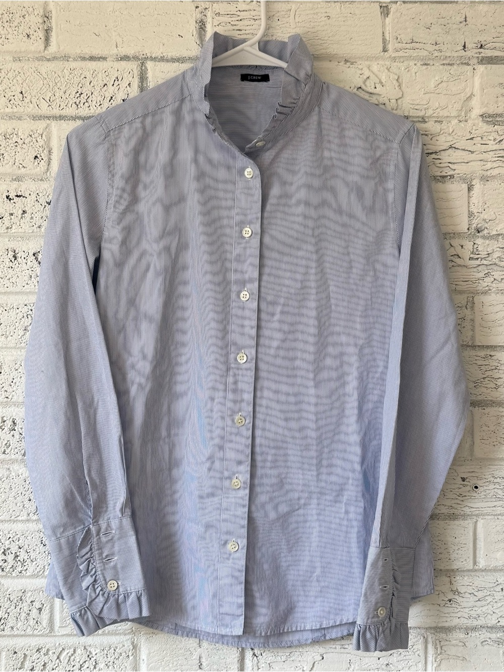 J. Crew Blue & White Striped Ruffle Collar/Cuff Women’s Dress Shirt Size 4 | 49